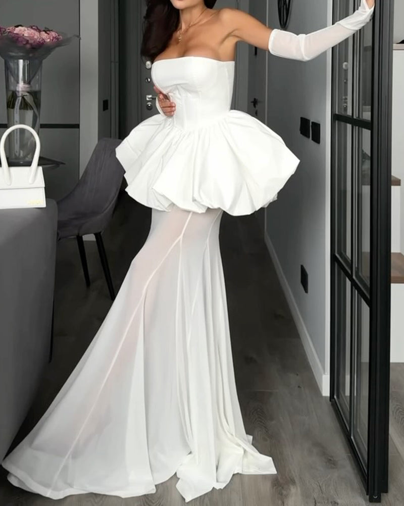 Evangeline White Strapless Ruffled Top and Sheer Tulle Maxi Skirt Two Piece Set