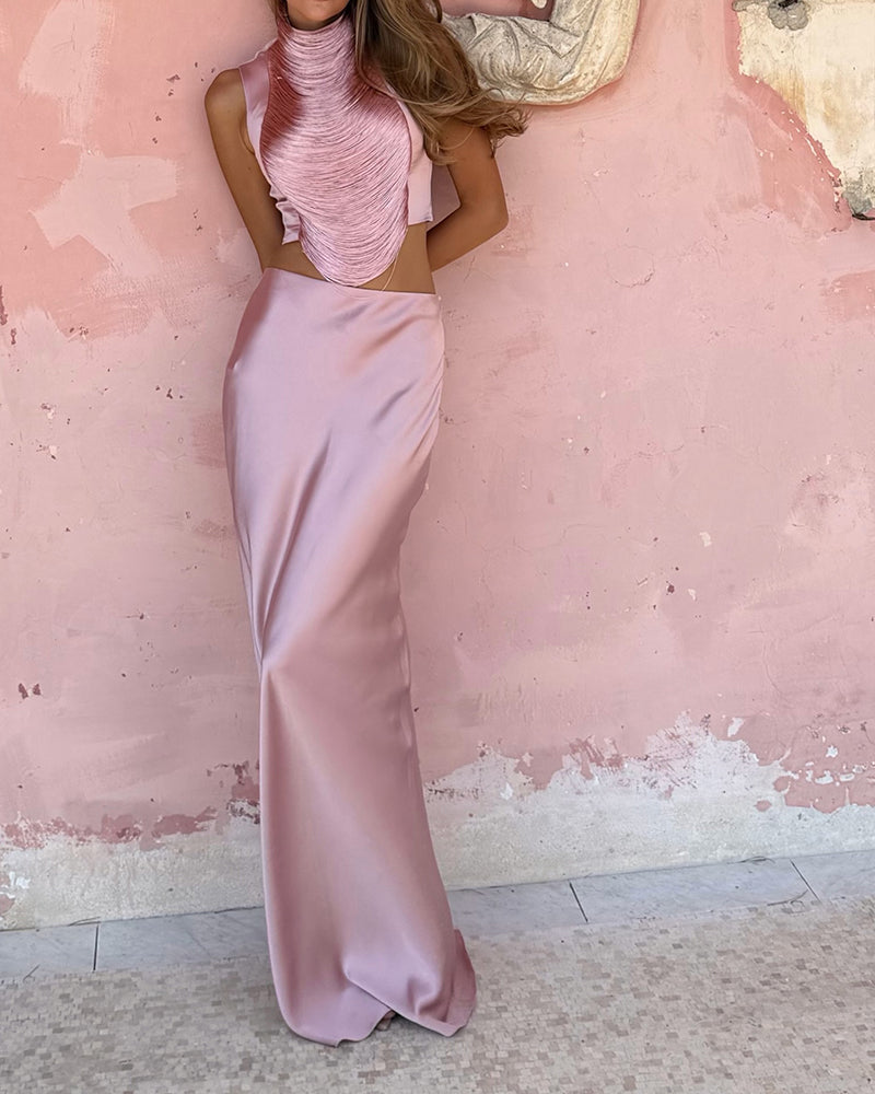 Alessia Pink Halter-neck Crop Top and Satin Maxi Skirt Two Piece Set
