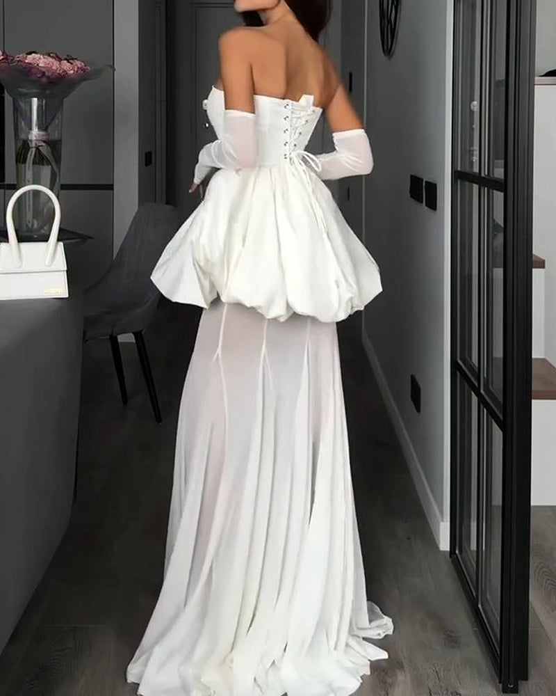 Evangeline White Strapless Ruffled Top and Sheer Tulle Maxi Skirt Two Piece Set