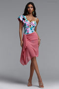 Mabel Blue Shoulder Lotus Leaf Edge Printed One-Ppiece Swimwear Set