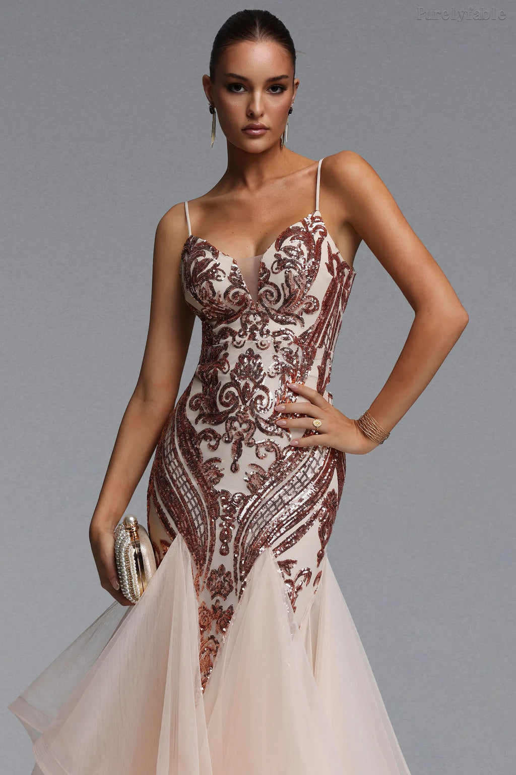 Vivian Apricot and Red Flower Bead Splicing Mesh Dress