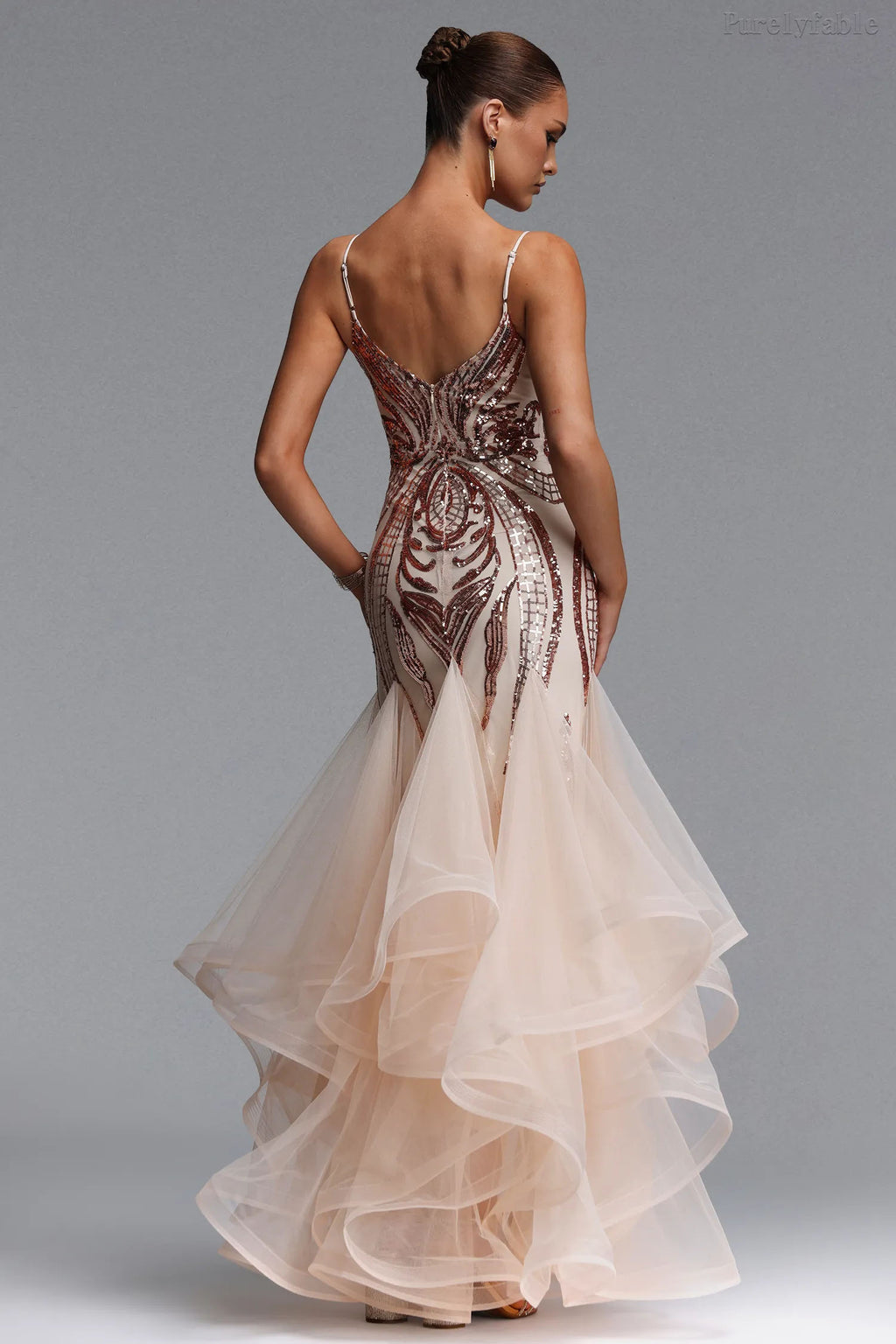 Vivian Apricot and Red Flower Bead Splicing Mesh Dress