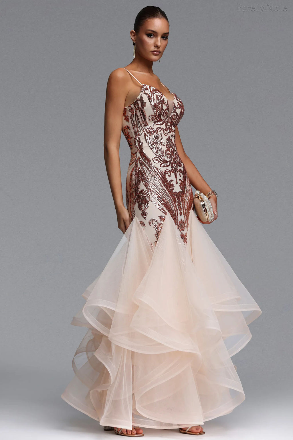 Vivian Apricot and Red Flower Bead Splicing Mesh Dress