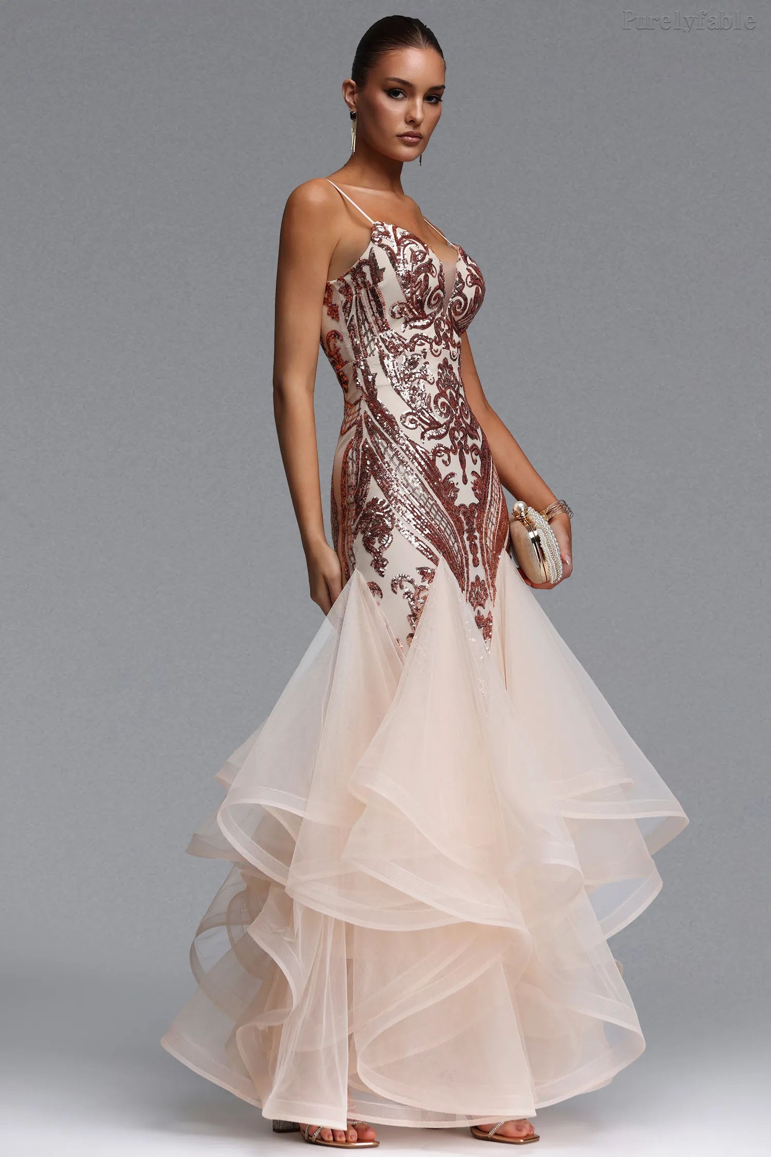 Vivian Apricot and Red Flower Bead Splicing Mesh Dress