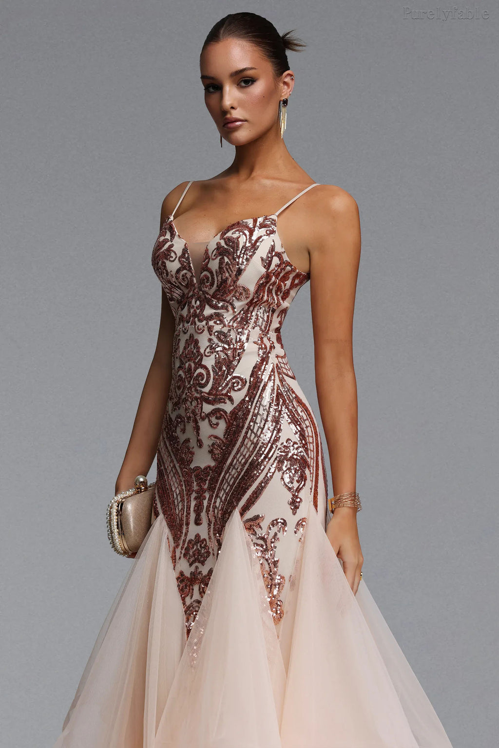 Vivian Apricot and Red Flower Bead Splicing Mesh Dress