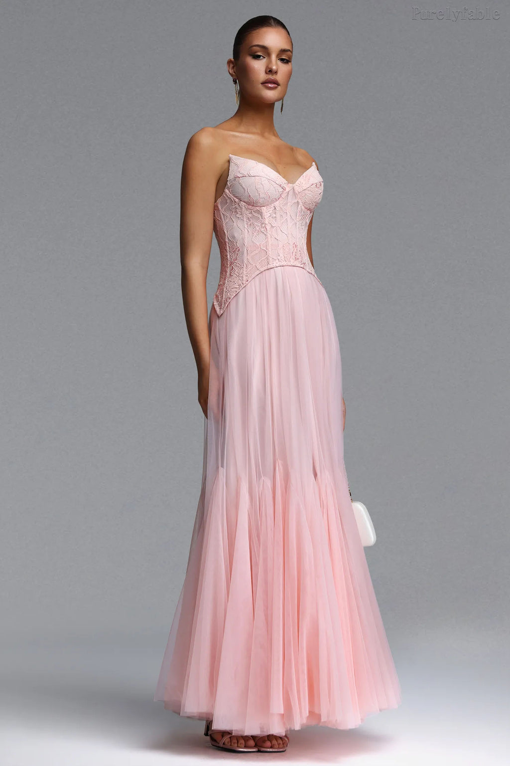 Poppy Pink Strapless Floor-length Net Dress