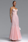Poppy Pink Strapless Floor-length Net Dress