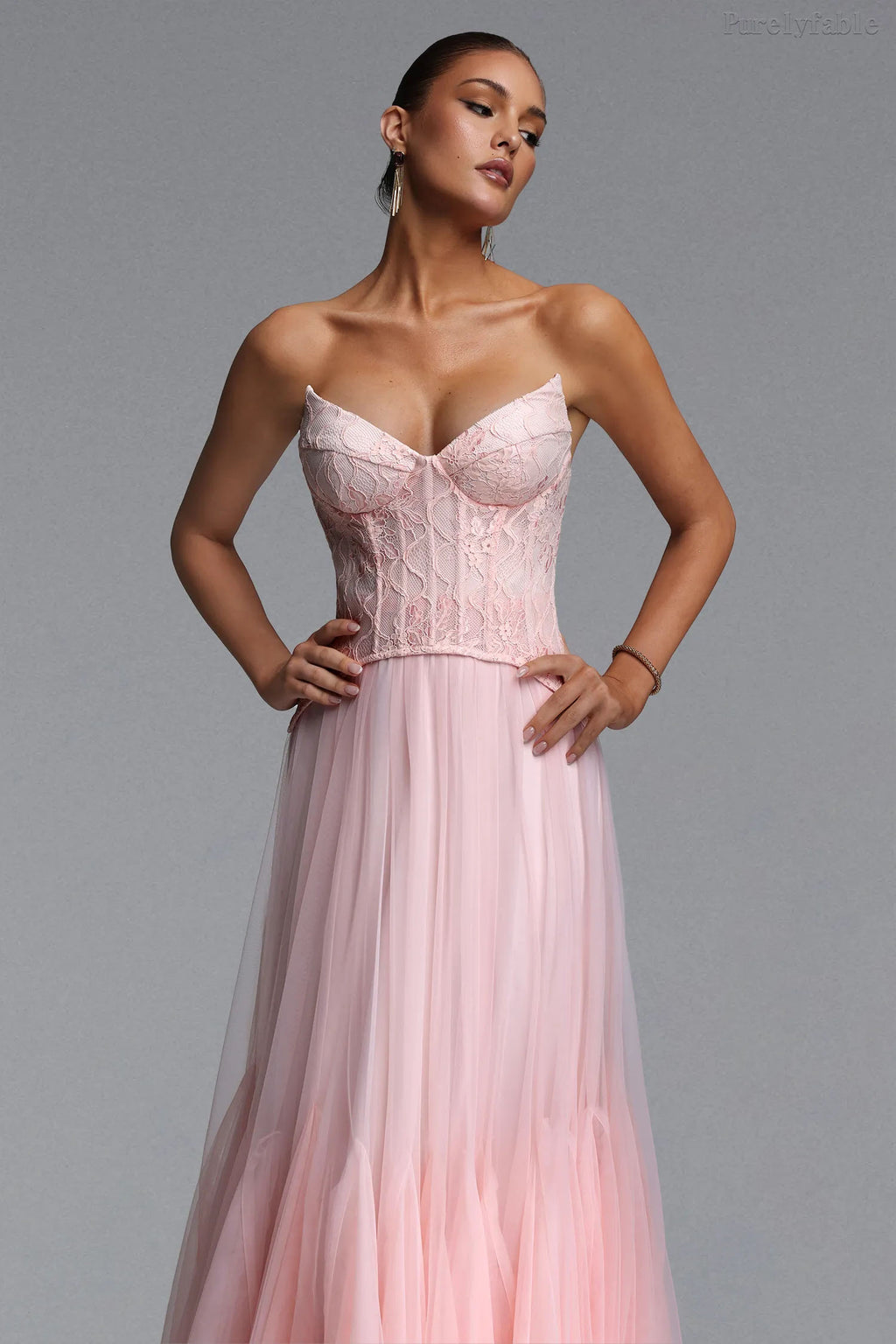 Poppy Pink Strapless Floor-length Net Dress