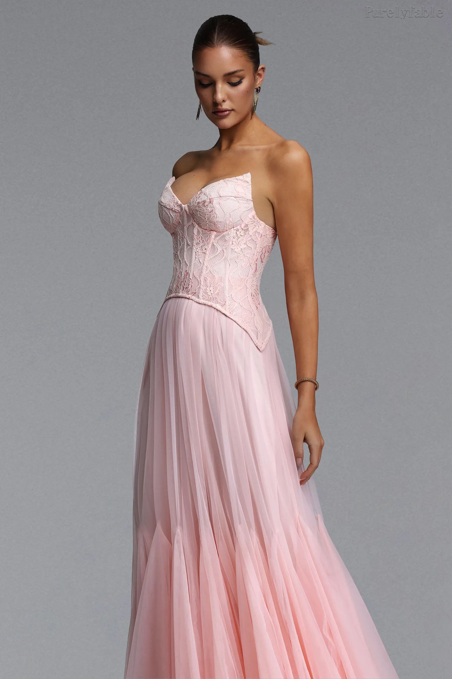 Poppy Pink Strapless Floor-length Net Dress