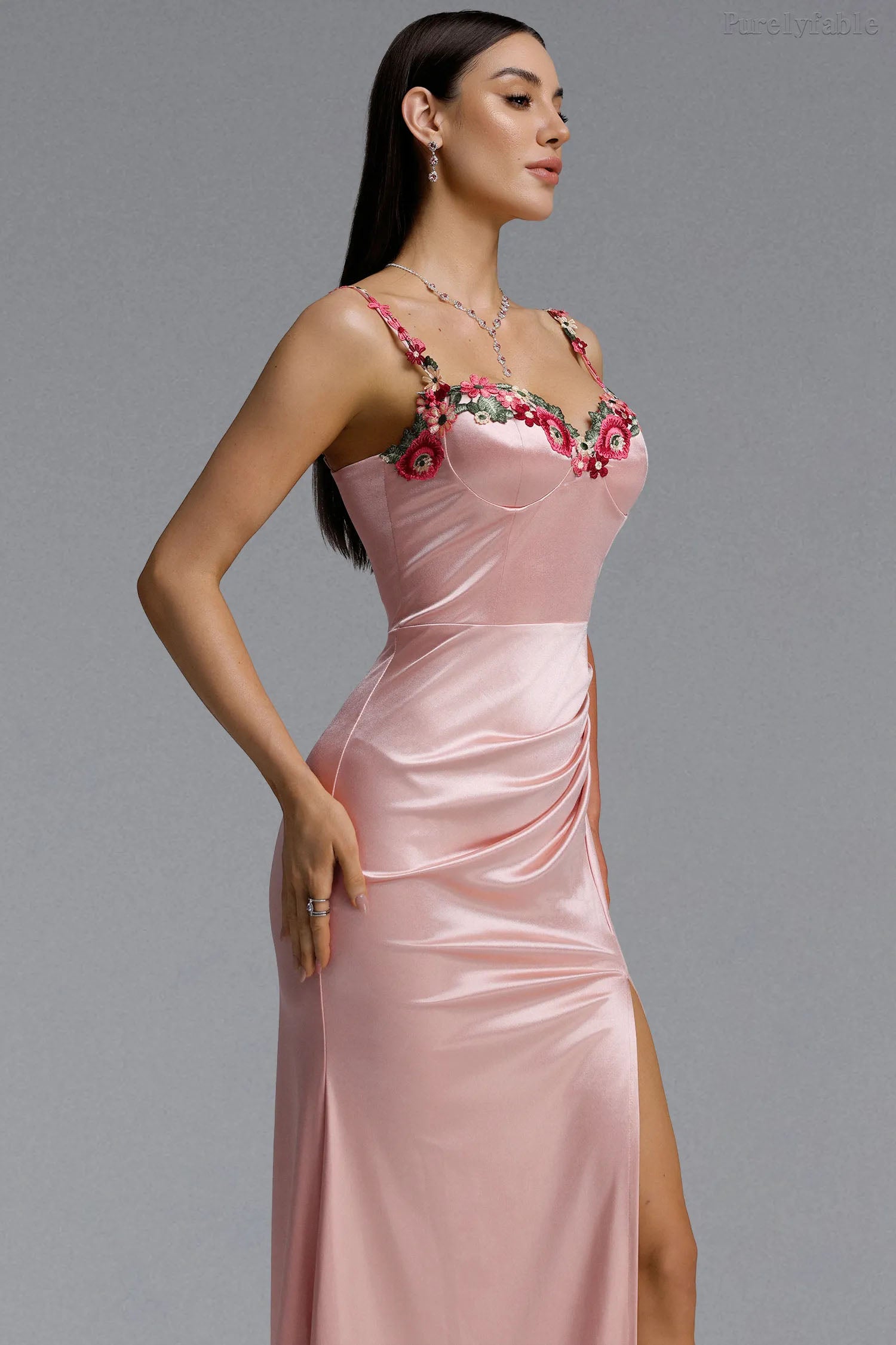 Clara Pink Satin Strap Evening Dress