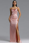 Clara Pink Satin Strap Evening Dress