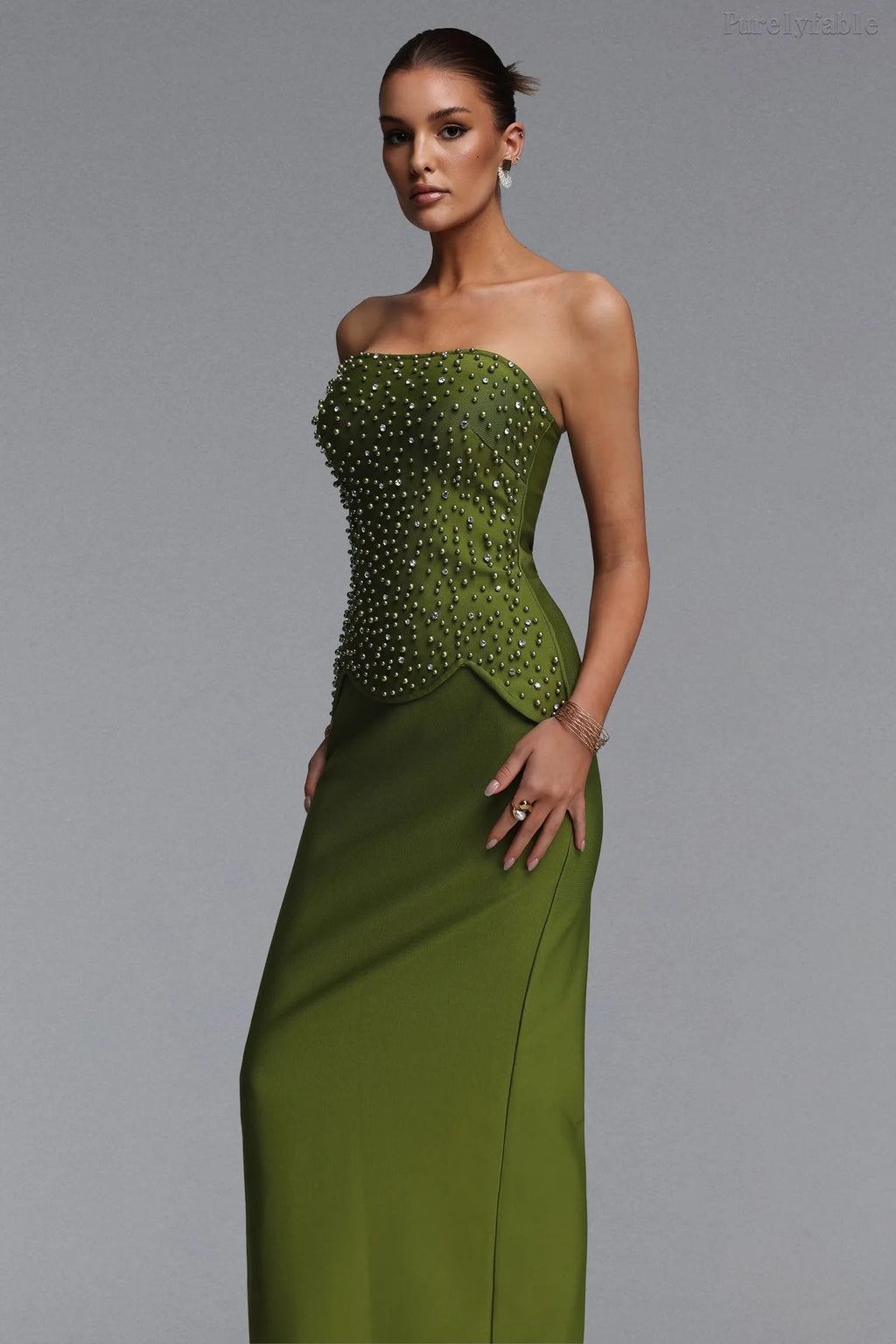 Maeve Matcha Green Plunging Bandeau Dress Set