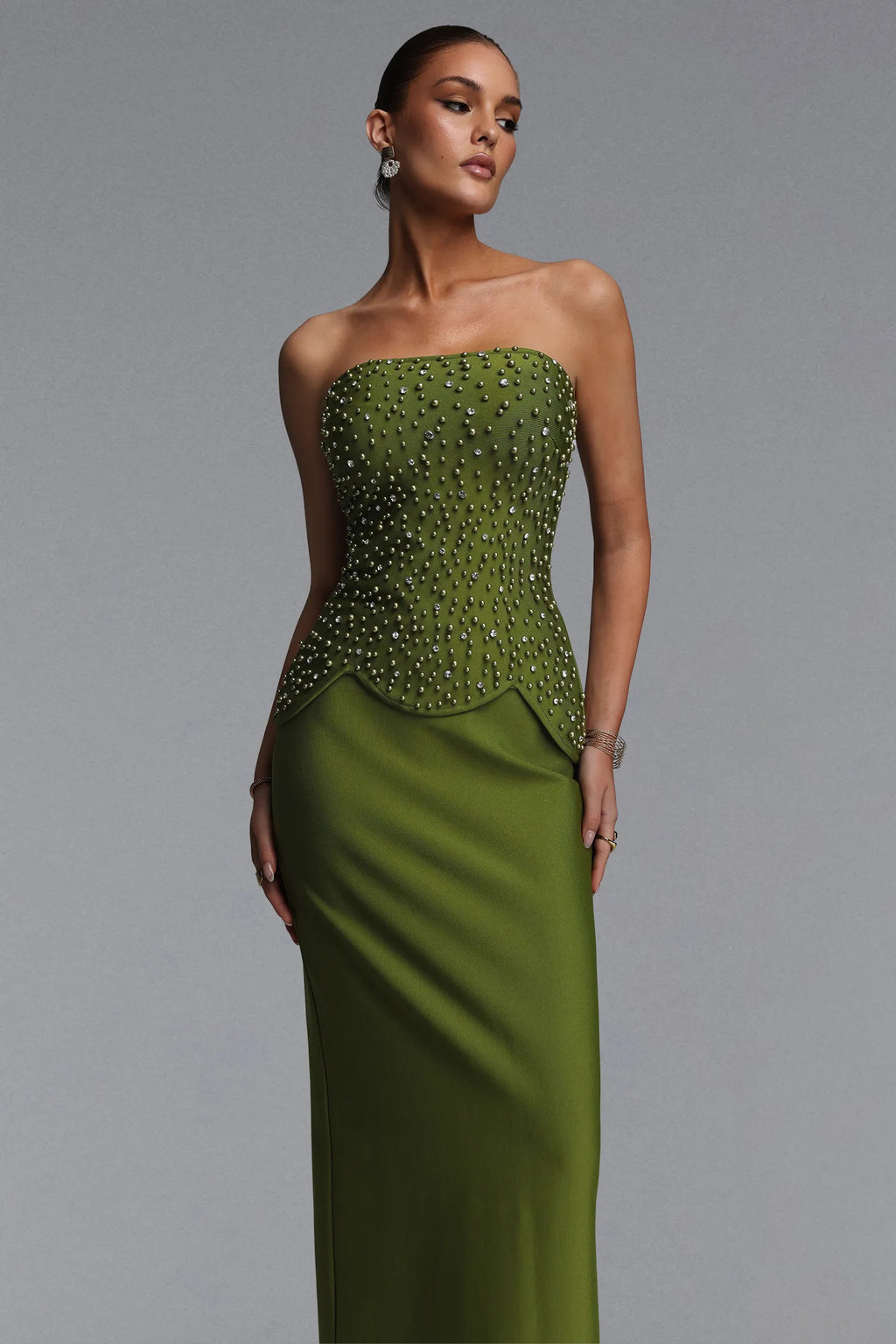 Maeve Matcha Green Plunging Bandeau Dress Set