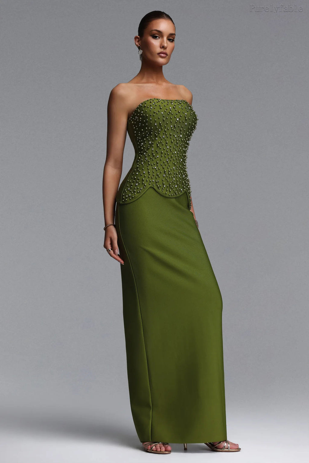 Maeve Matcha Green Plunging Bandeau Dress Set