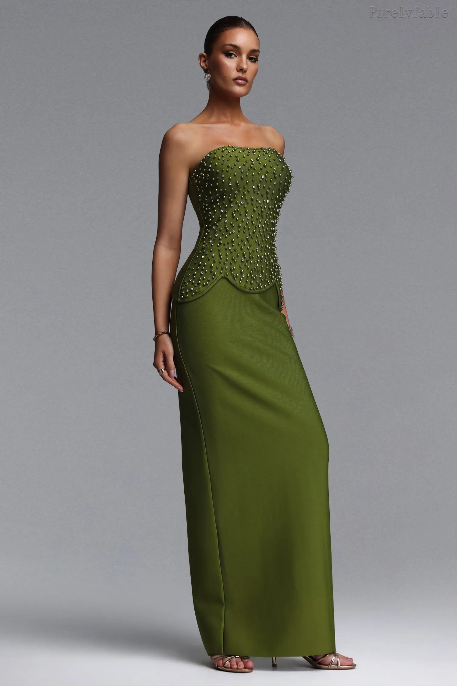 Maeve Matcha Green Plunging Bandeau Dress Set