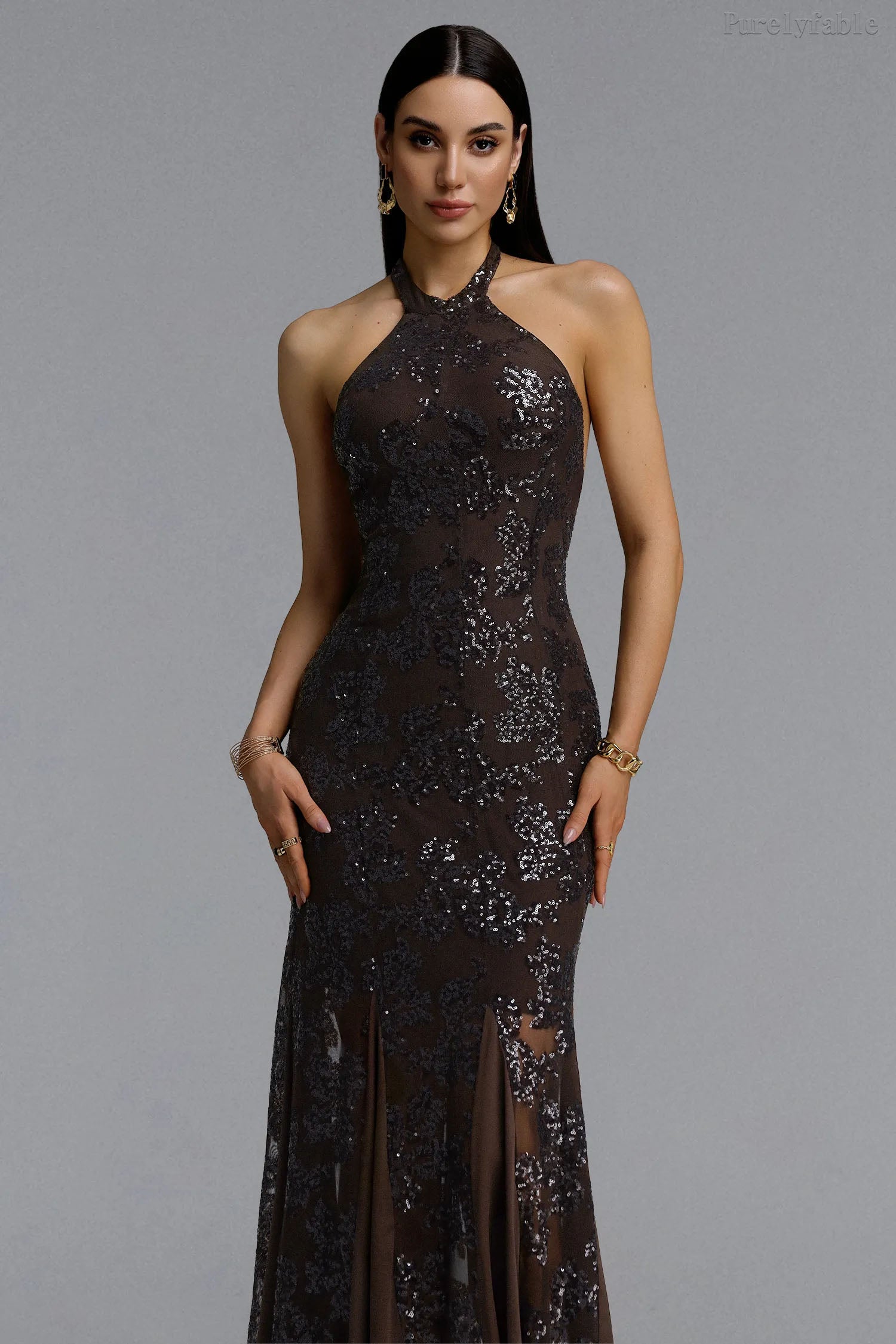 Aleah Brown Sequined Fish Tail Long Dress