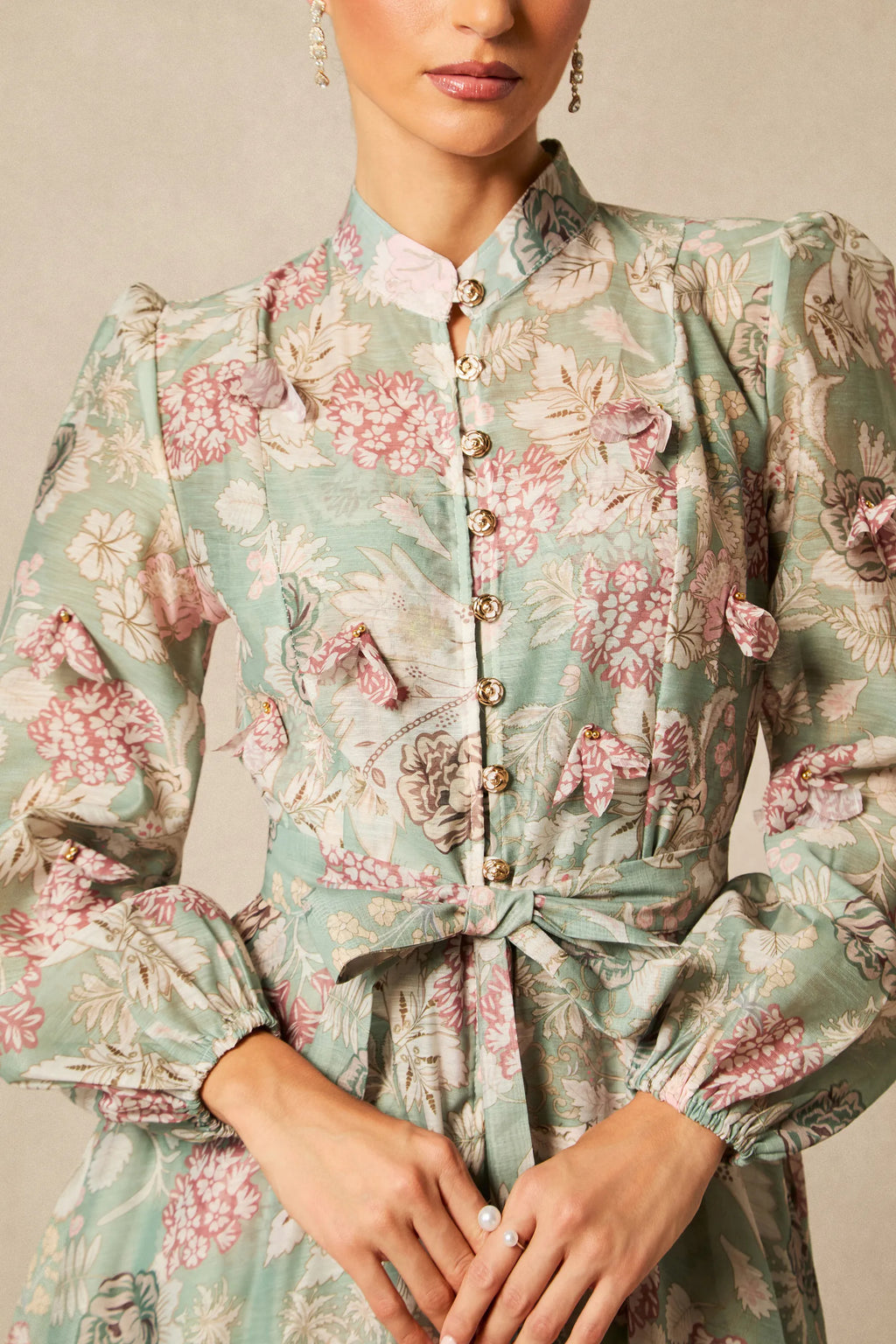 Elia Green Floral Print Long-Sleeved Dress