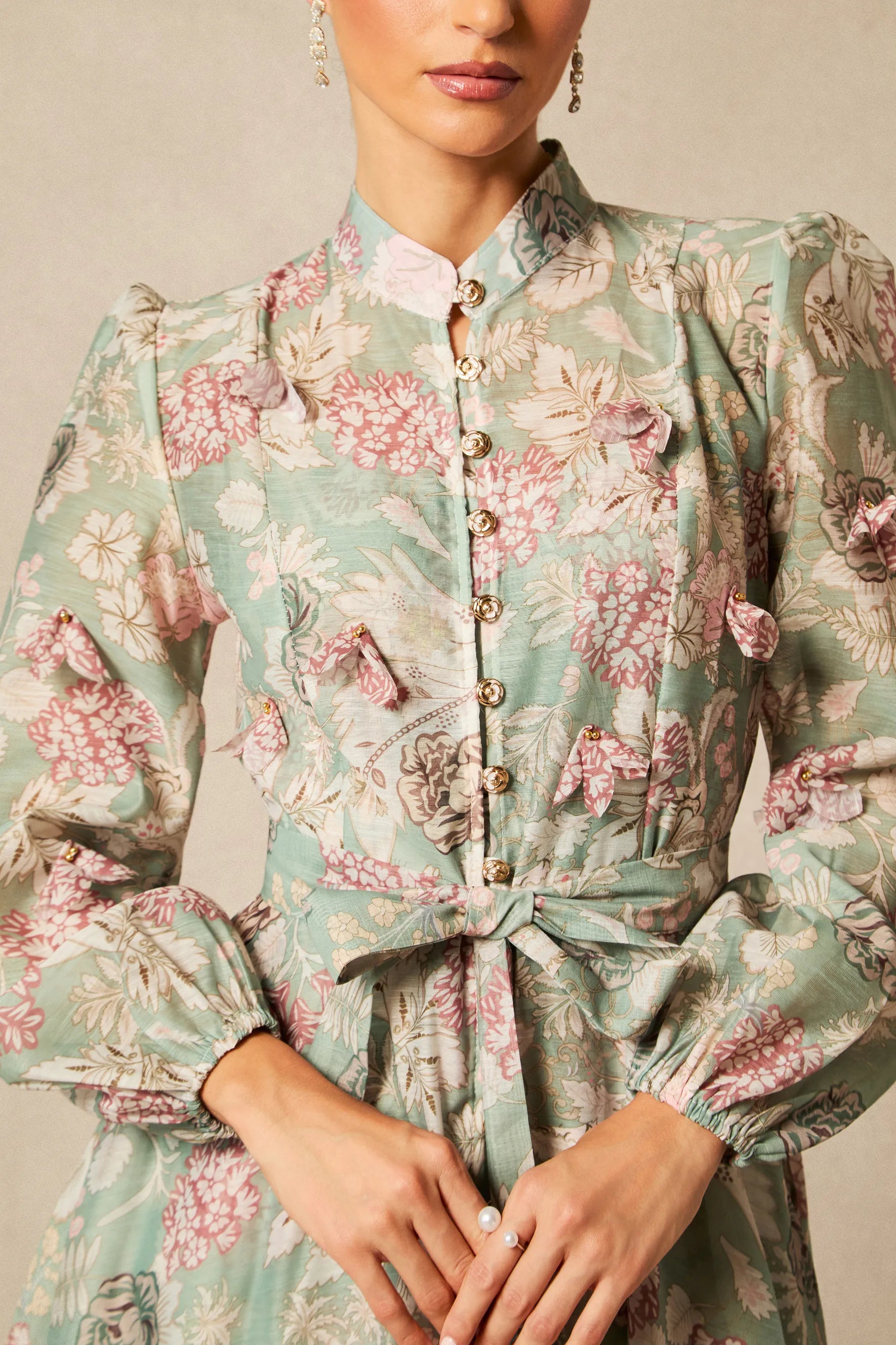 Elia Green Floral Print Long-Sleeved Dress