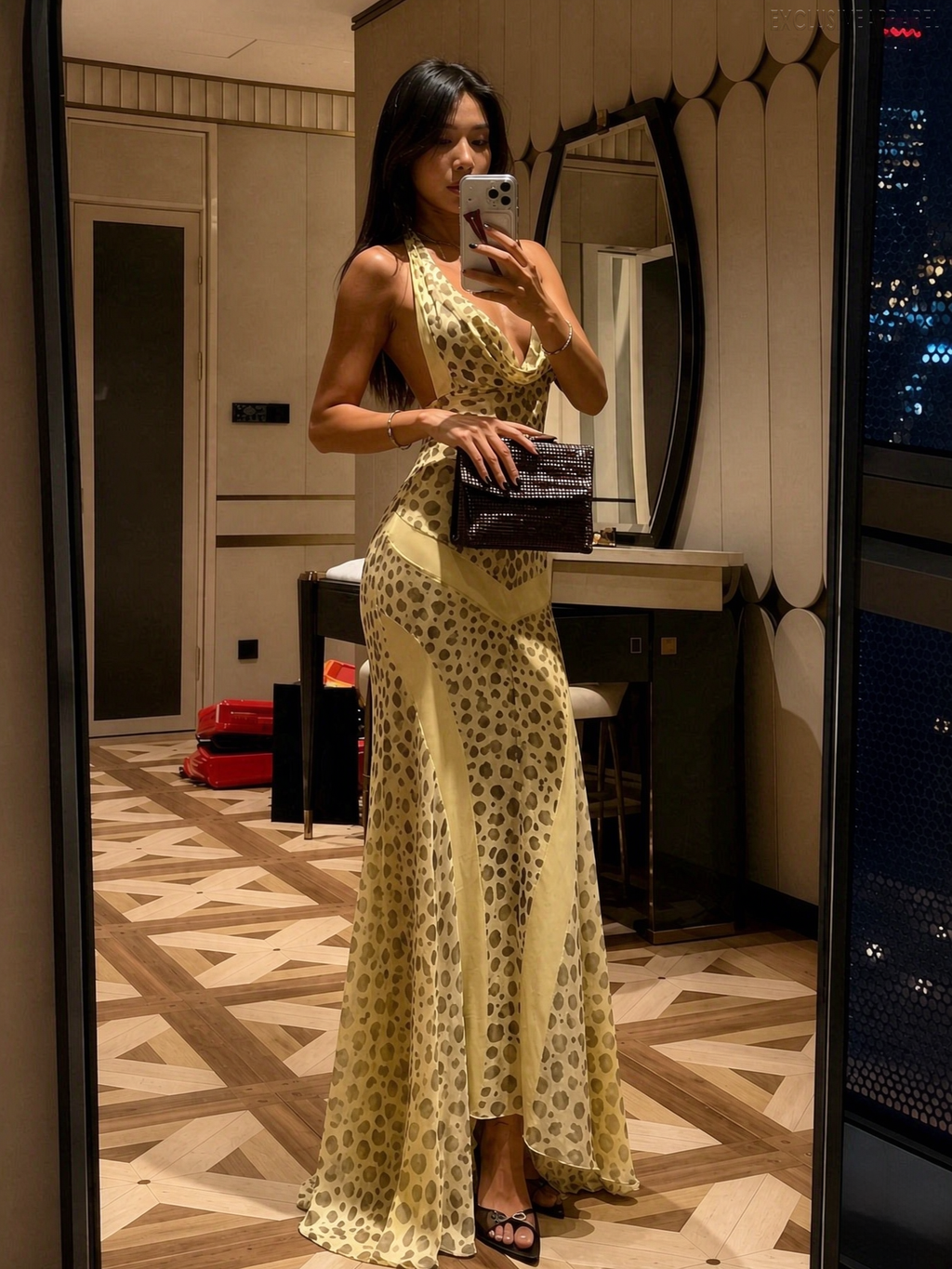 Chloe Yellow Leopard Print Halter Neckline Dress