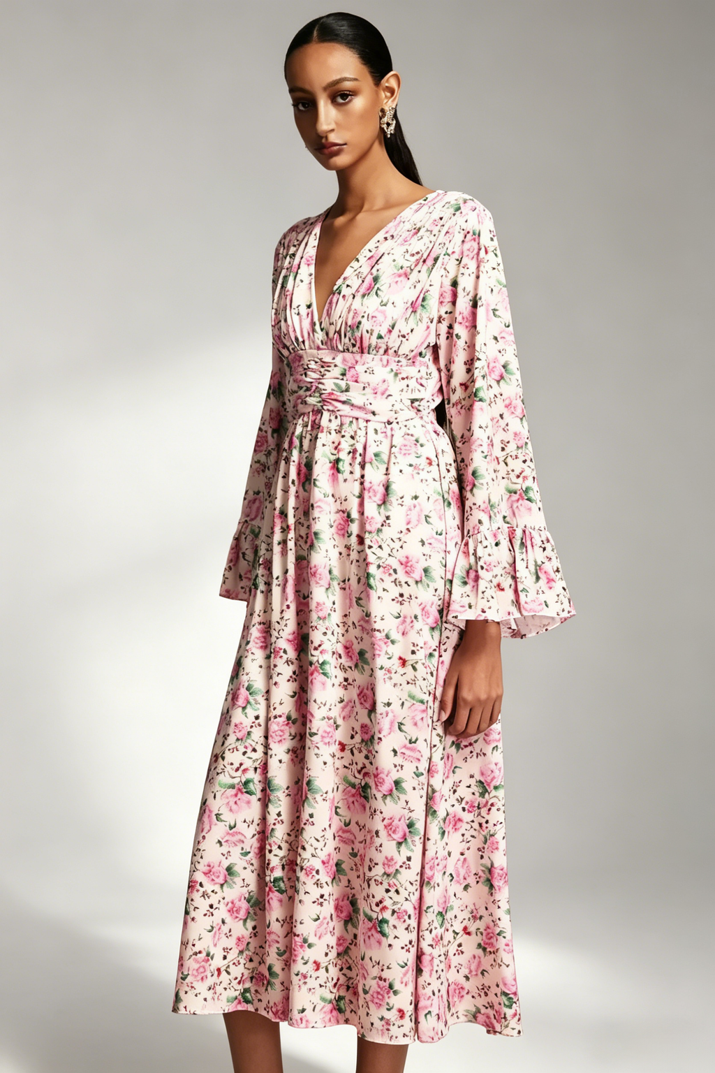 Lexie V-Neck Long Sleeves Floral Printed Midi Dress