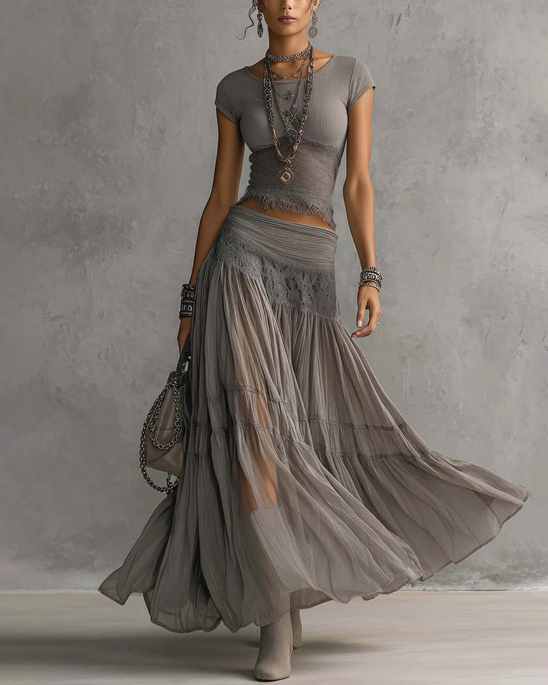 Kira Grey Round Neck Tops and Skirts Two Piece Set