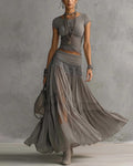 Kira Grey Round Neck Tops and Skirts Two Piece Set