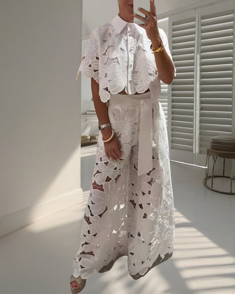 Elena White Floral Eyelet Lace Two Piece Set