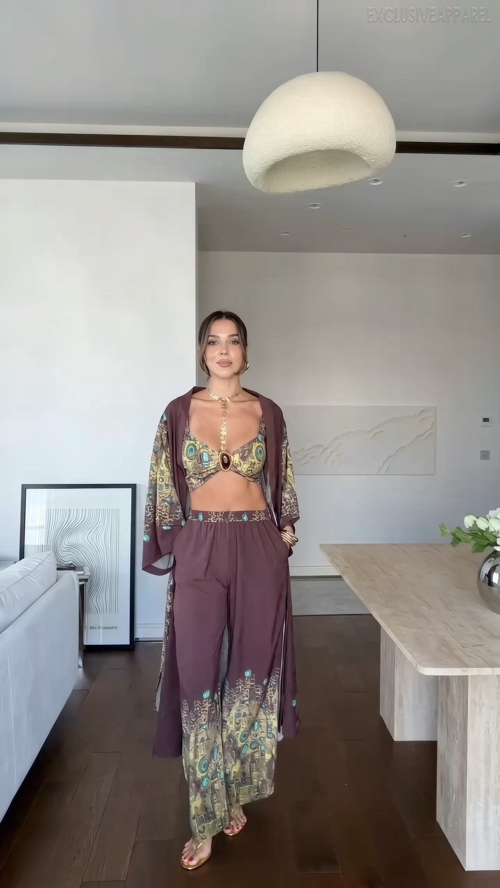 Hope Brown Color Halter Top Long Pants Cardigan Set