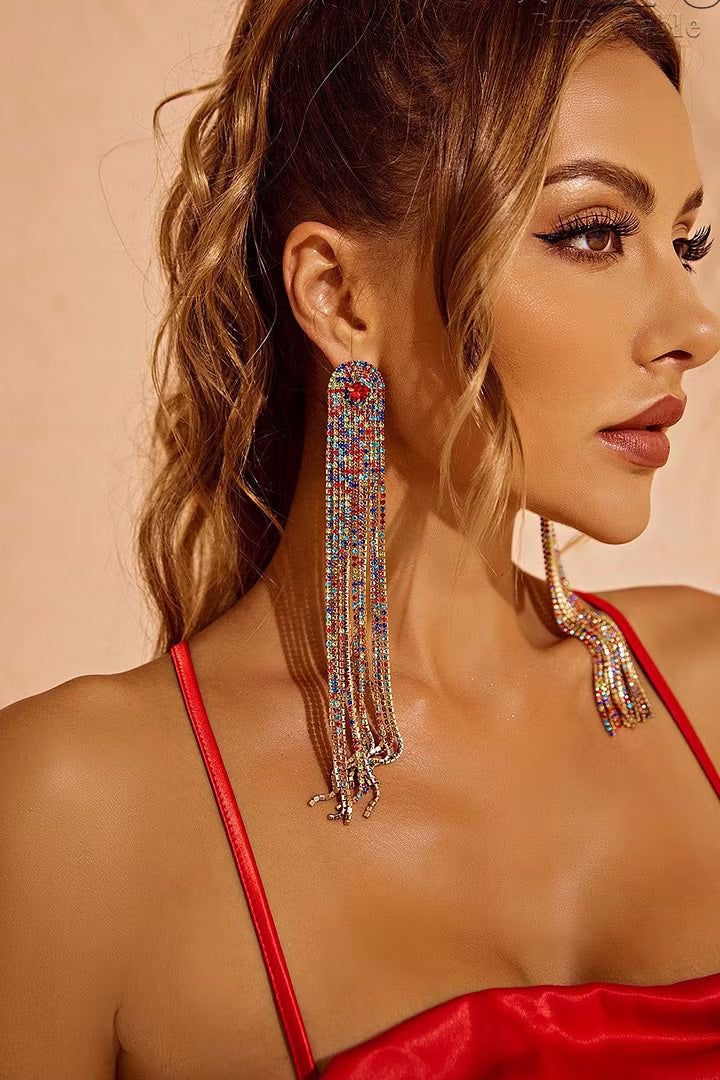 Long Rhinestone Tassel Earrings