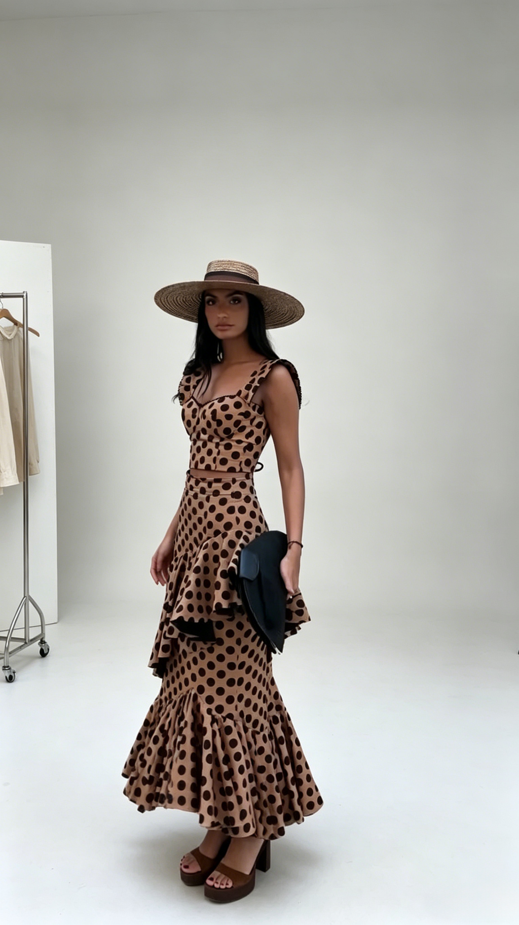 Luna  Brown Polka Dot Fishtail Skirt Suit