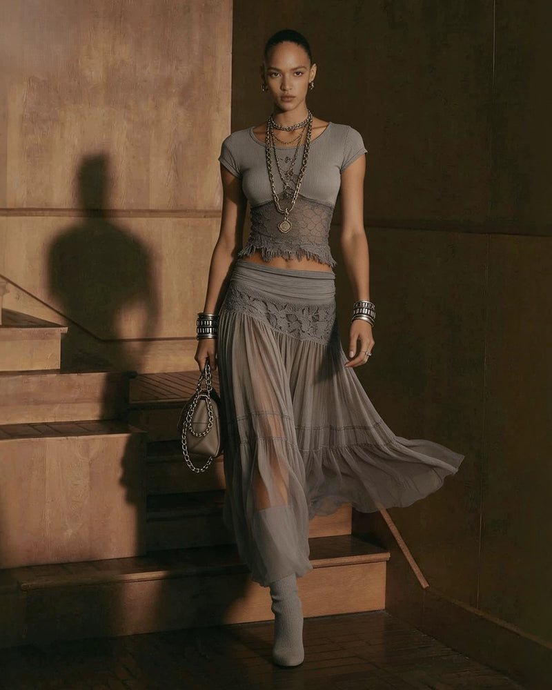 Kira Grey Round Neck Tops and Skirts Two Piece Set