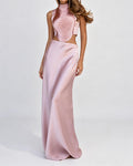 Alessia Pink Halter-neck Crop Top and Satin Maxi Skirt Two Piece Set