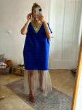 Lila Blue V-neck Net Silk Long Dress