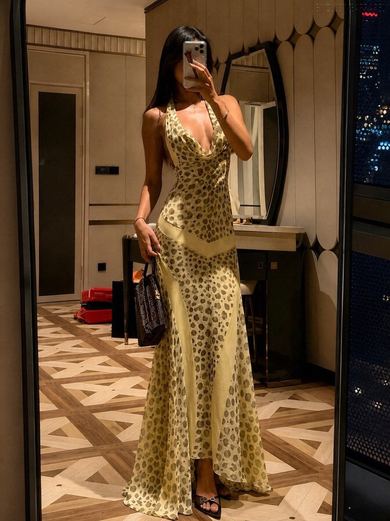 Chloe Yellow Leopard Print Halter Neckline Dress