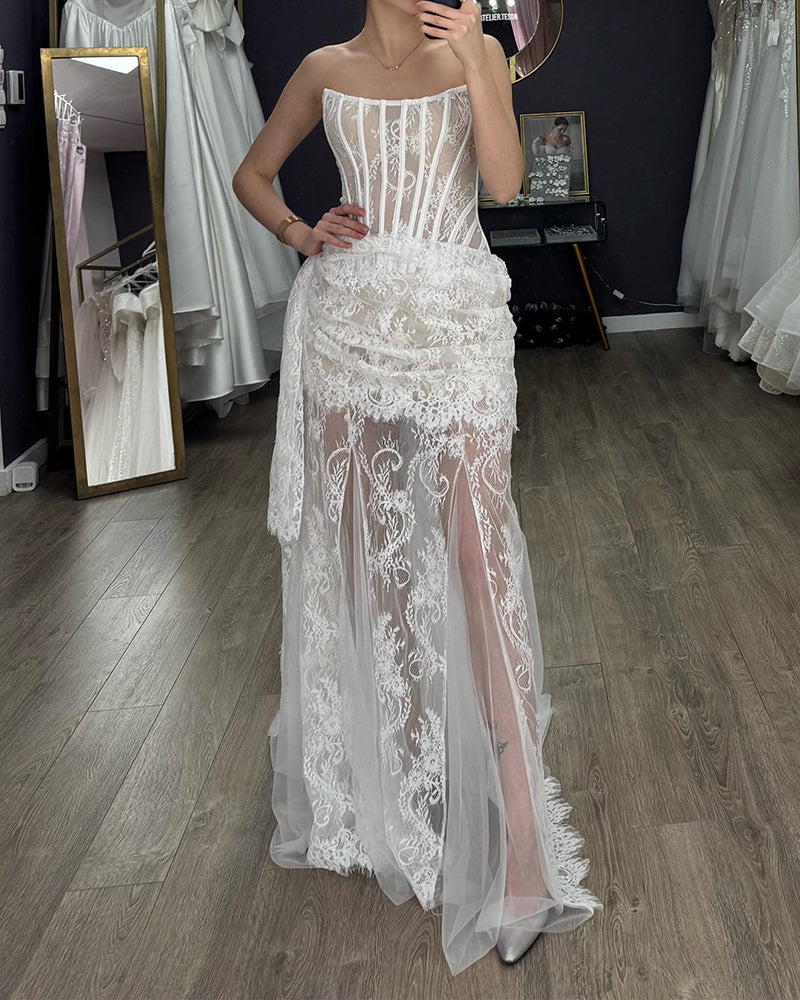 Aveline White Strapless Lace Dress