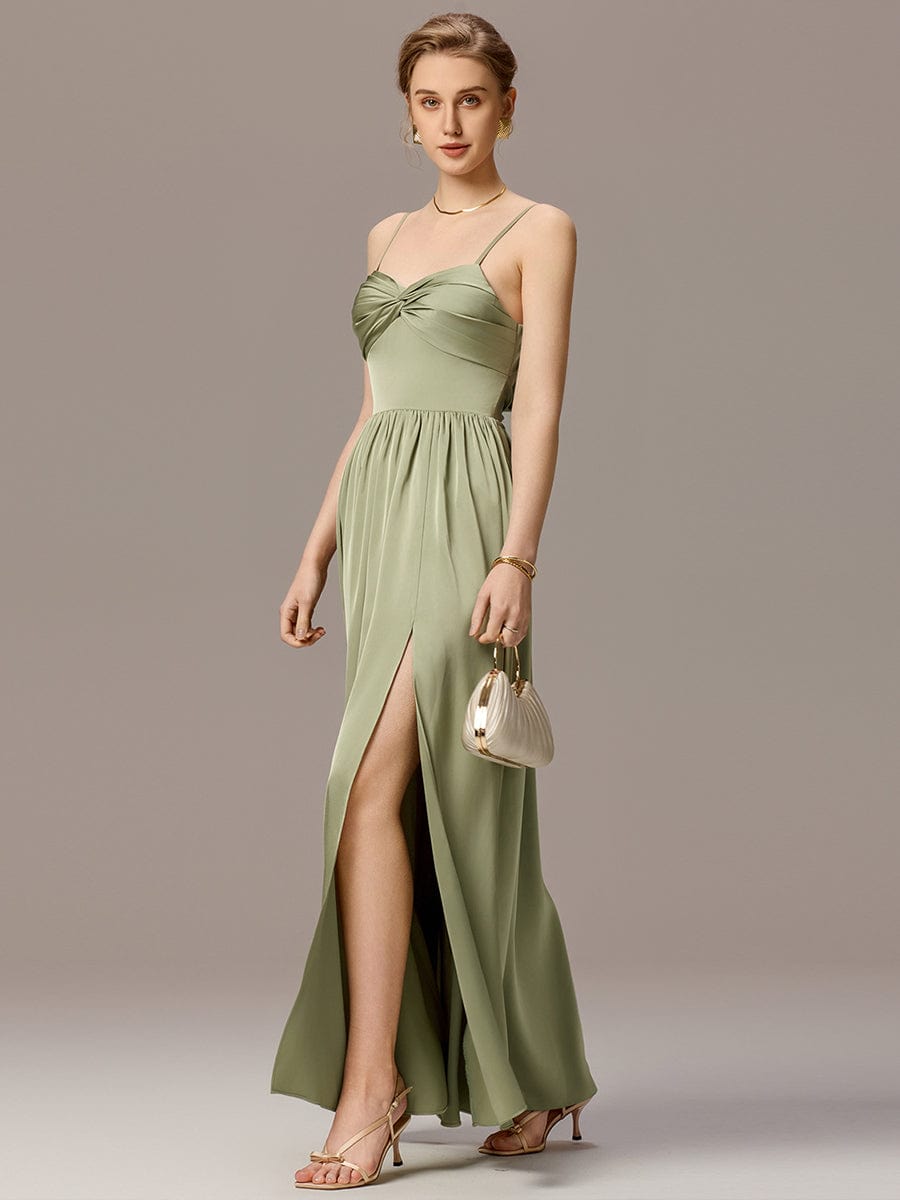 Satin Pleated Back-Tie Sleeveless Maxi Bridesmaid Dress