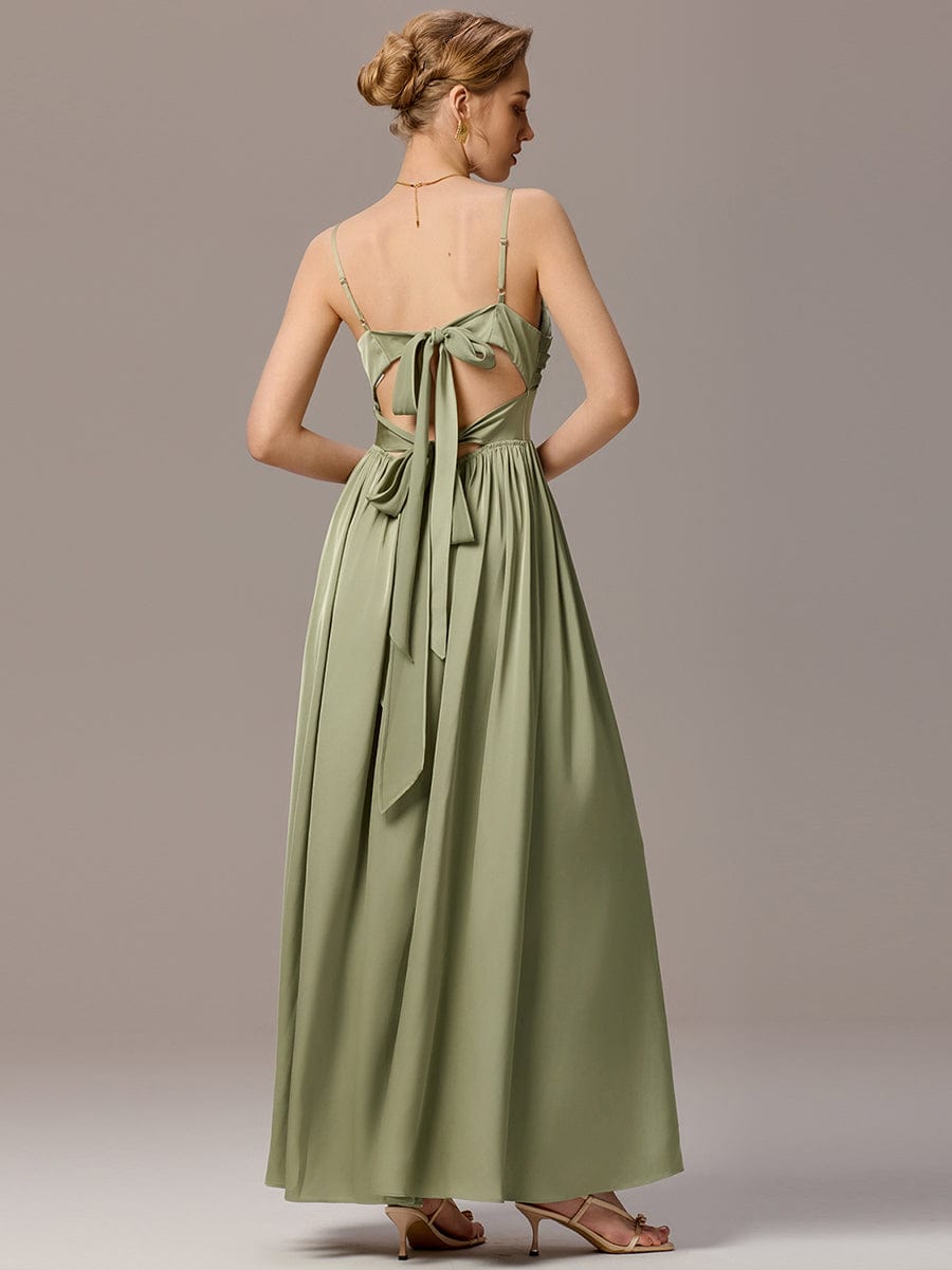 Satin Pleated Back-Tie Sleeveless Maxi Bridesmaid Dress
