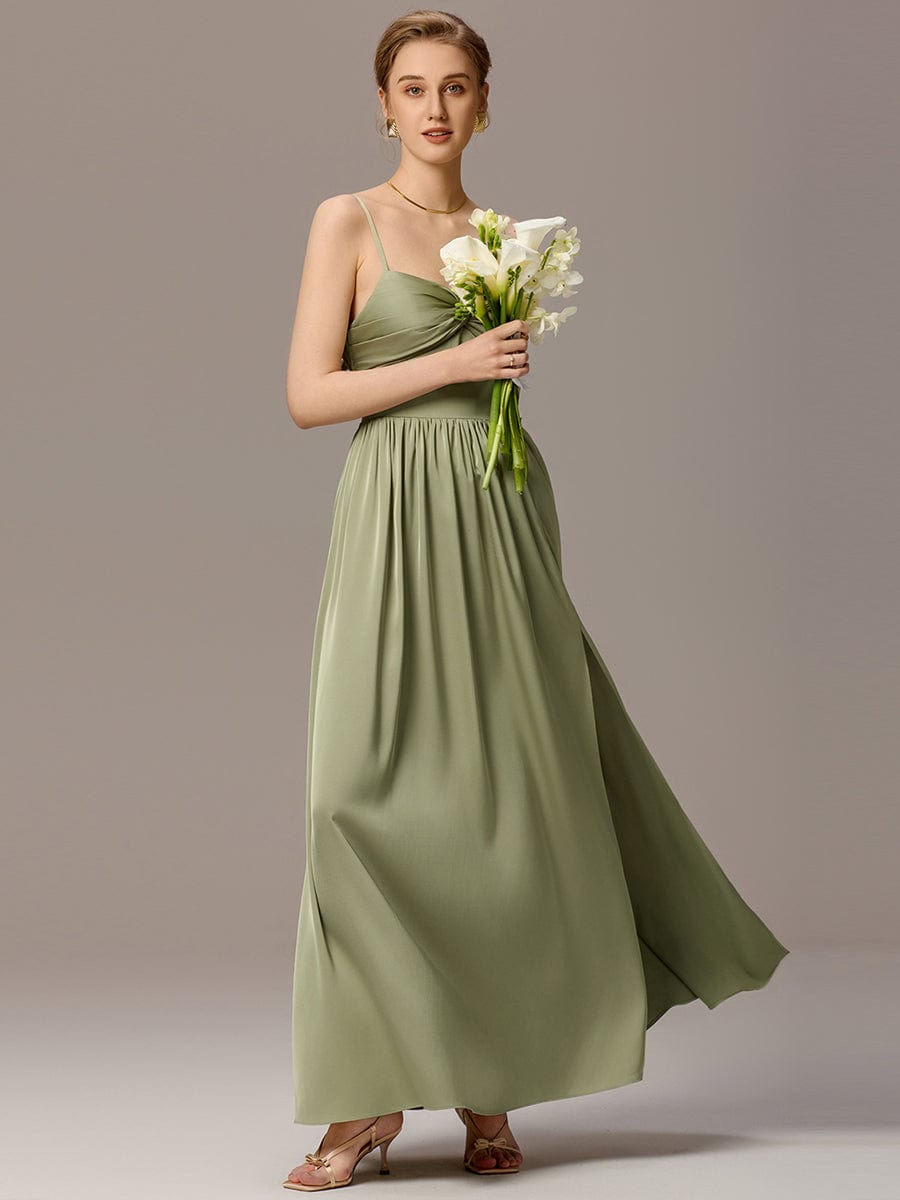 Satin Pleated Back-Tie Sleeveless Maxi Bridesmaid Dress