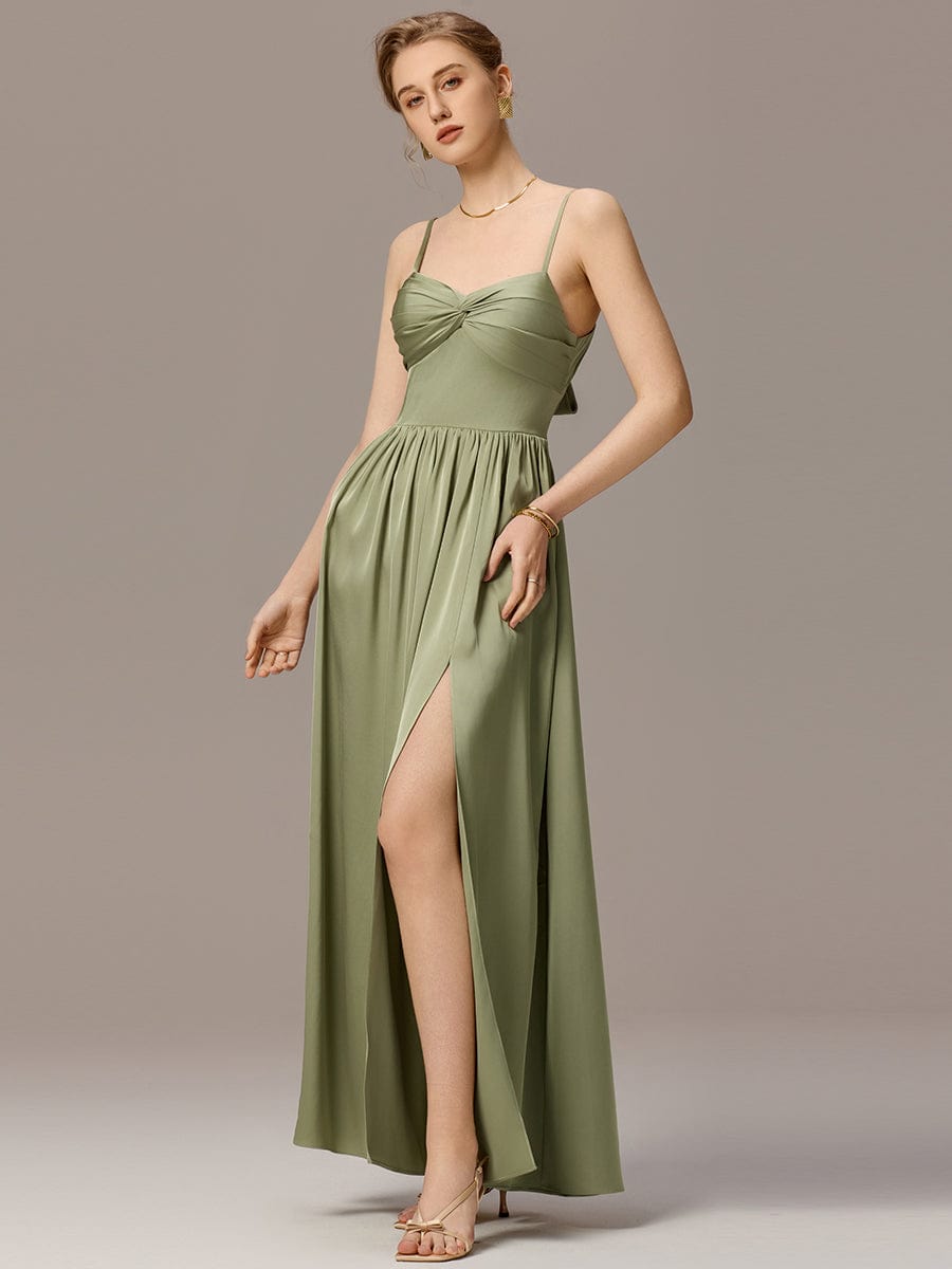 Satin Pleated Back-Tie Sleeveless Maxi Bridesmaid Dress