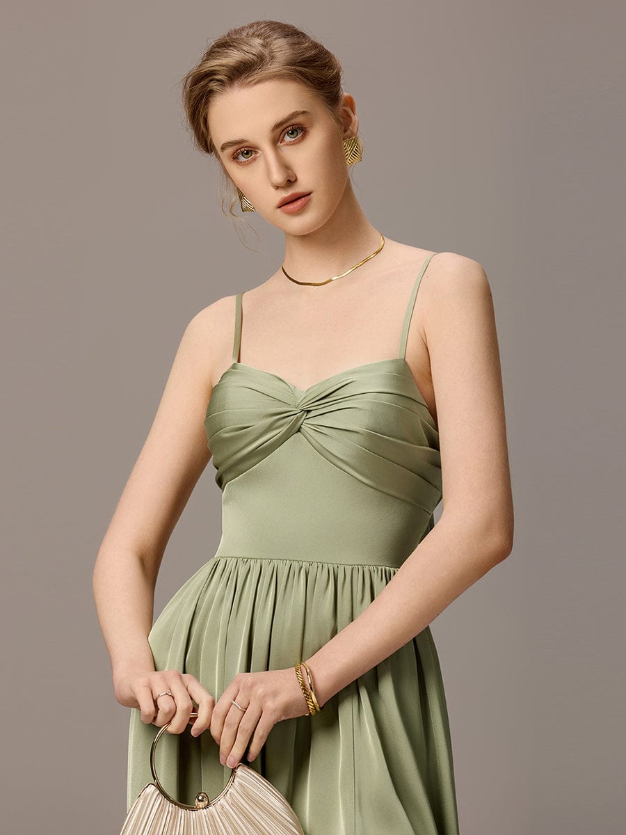 Satin Pleated Back-Tie Sleeveless Maxi Bridesmaid Dress