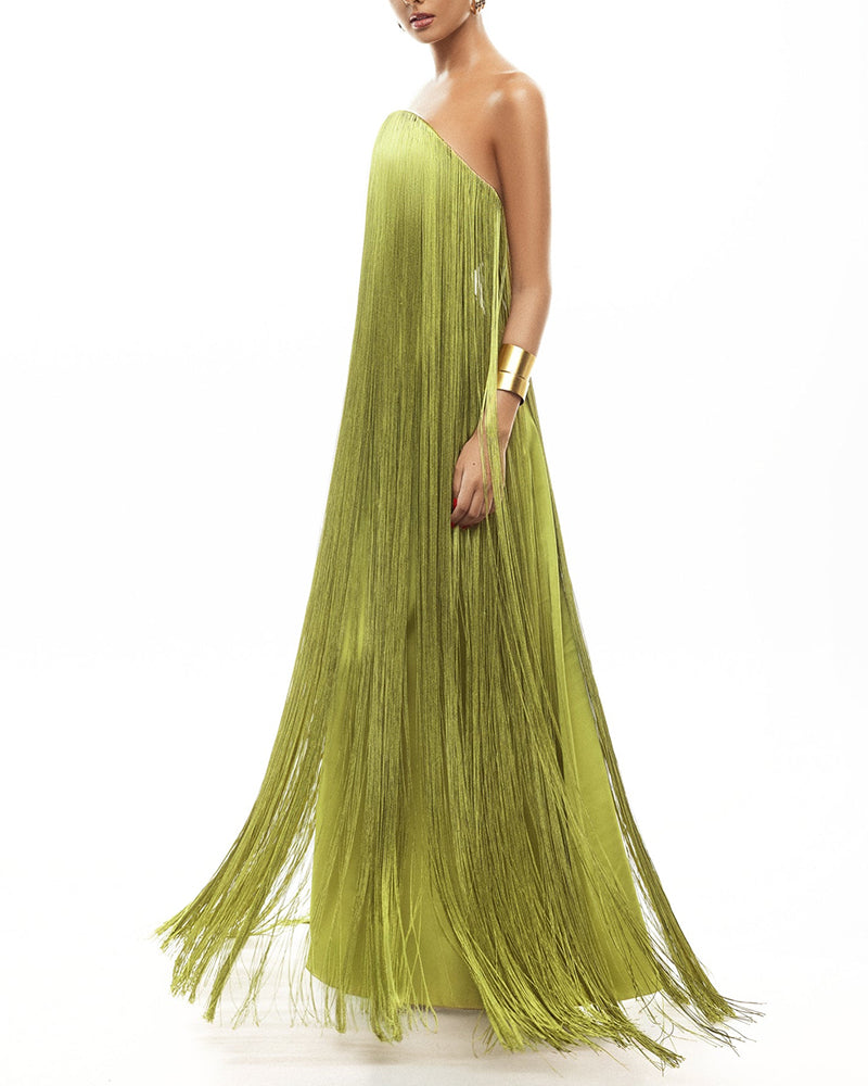Celeste Green Off-the-shoulder Fringe Dress