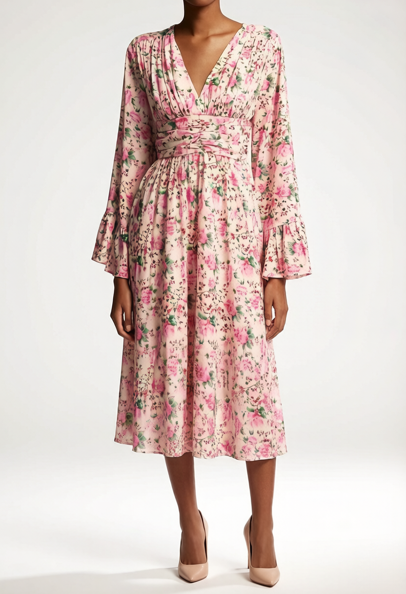 Lexie V-Neck Long Sleeves Floral Printed Midi Dress
