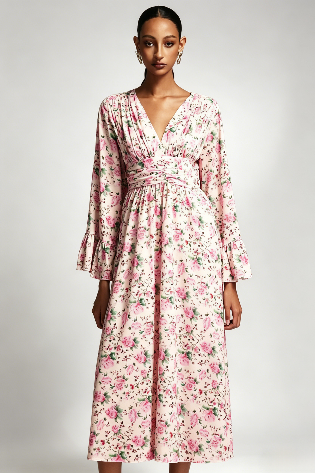 Lexie V-Neck Long Sleeves Floral Printed Midi Dress