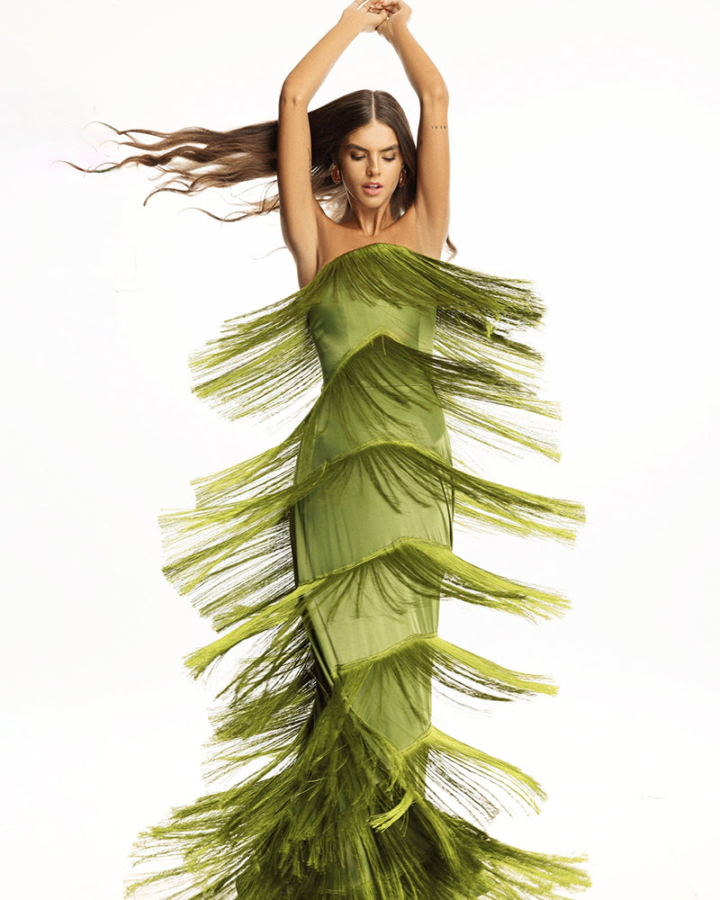 Valentina Green Strapless Multi-layered Fringe Dress
