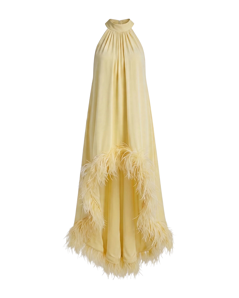 Aurelia Yellow Feather-trimmed Halter Dress