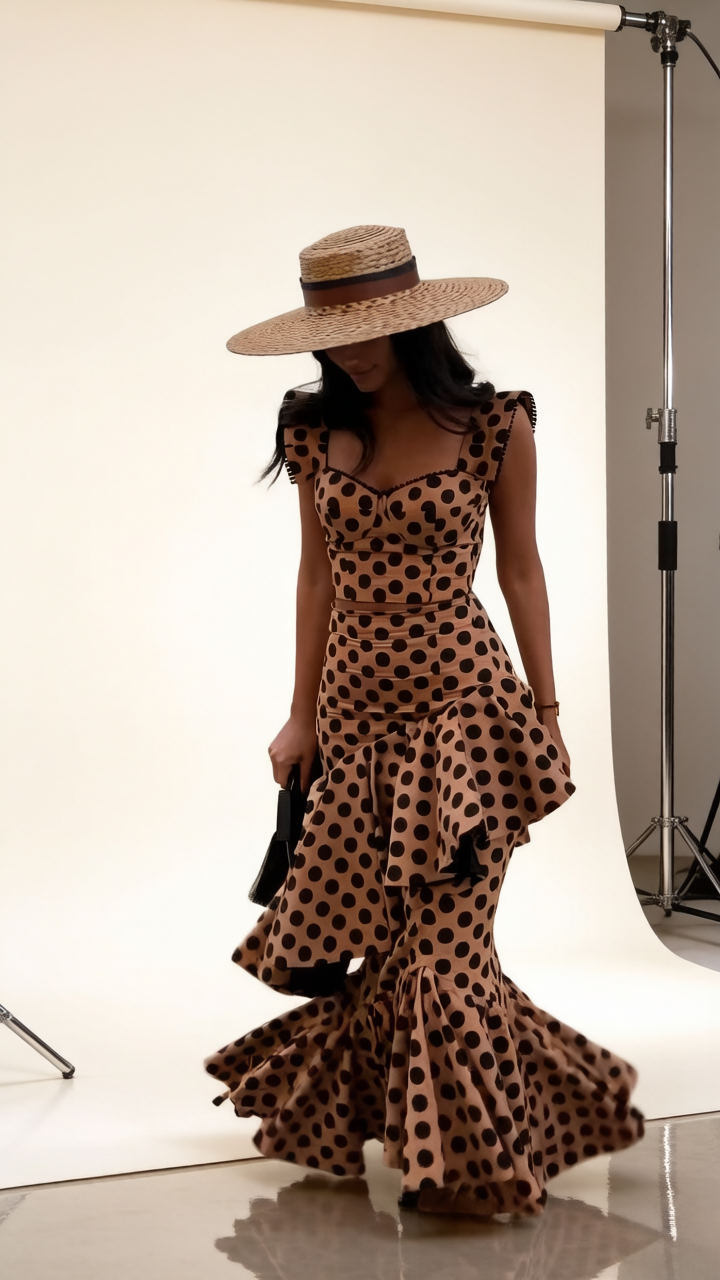 Luna  Brown Polka Dot Fishtail Skirt Suit