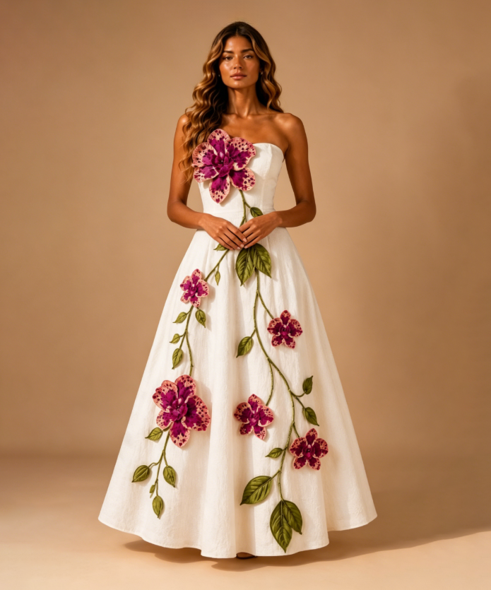 Ophelia Strapless Botanical Embroidered A-Line Dress